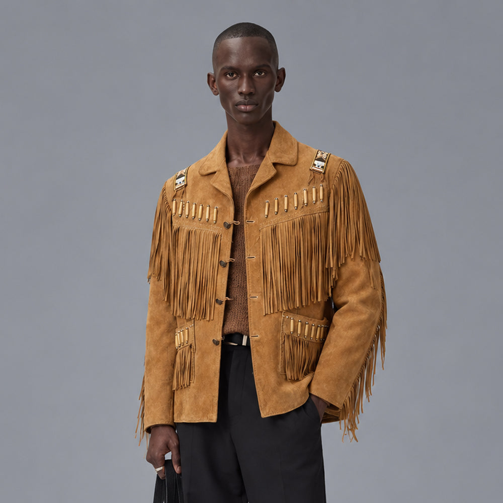 Model wearing men’s Western boar suede jacket with notched lapels, bone-and-bead trim and layered cognac fringe