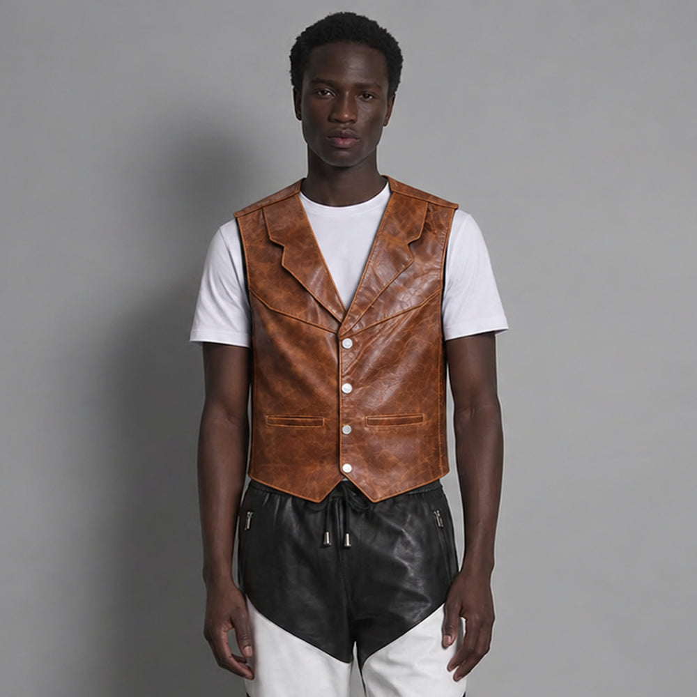 Men’s Western leather gilet styled over a white crew-neck shirt with a contemporary cowboy-inspired look