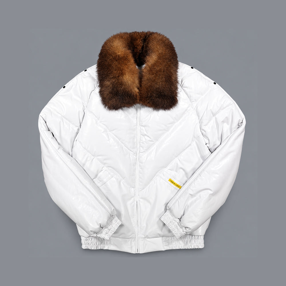 Men’s white calfskin V-bomber front with brown opossum-fur collar, chevron down panels, zipper and welt pockets