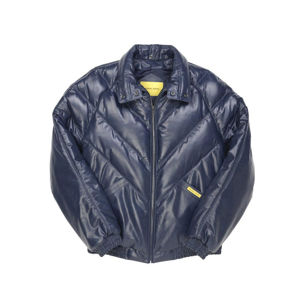 Navy Double Goose V-Bomber without fur trim, showing the padded snap collar, zipper and angled welt pockets