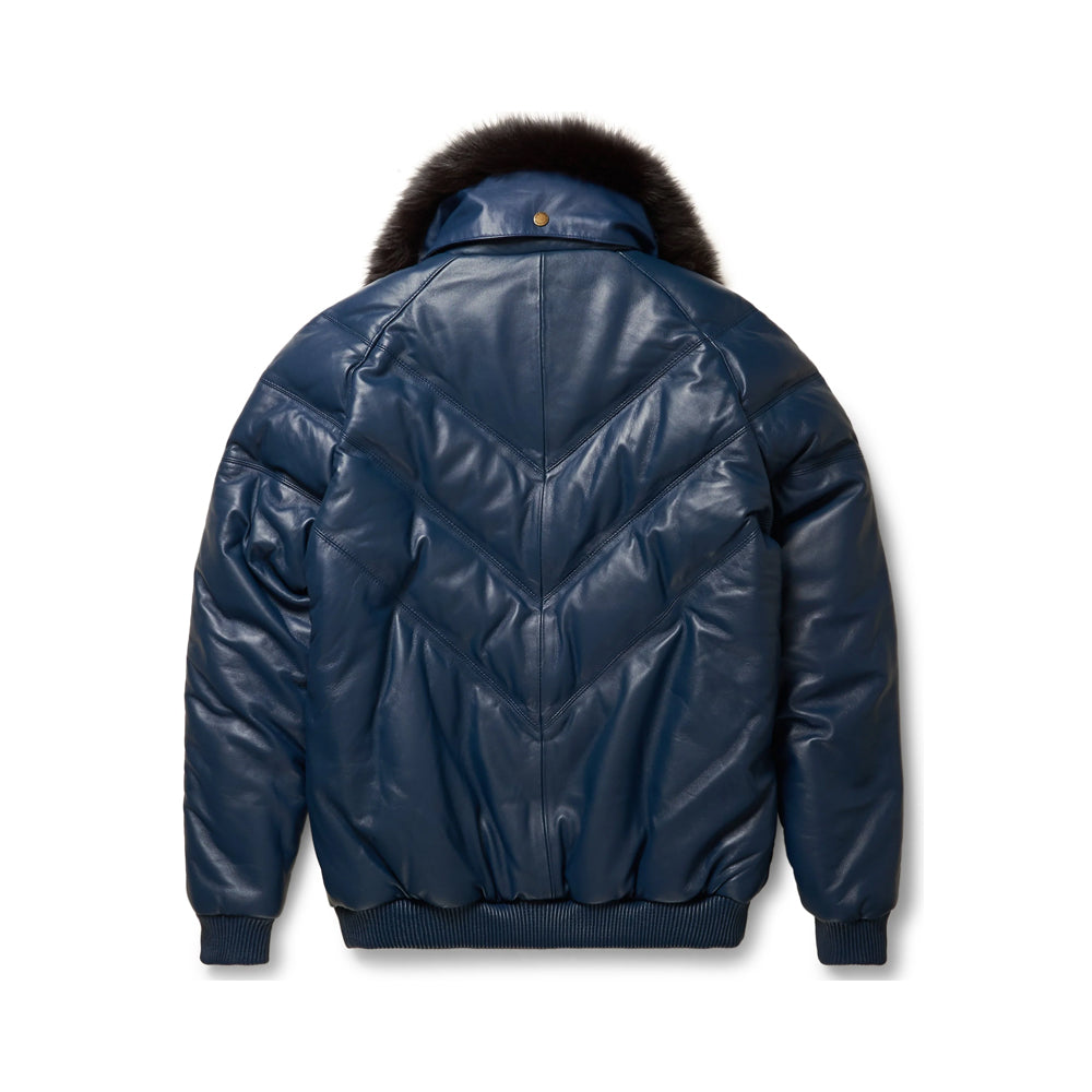 Back view of a navy leather V-Bomber jacket with padded chevron channels, center seam, rib-knit waistband and dark fur trim.