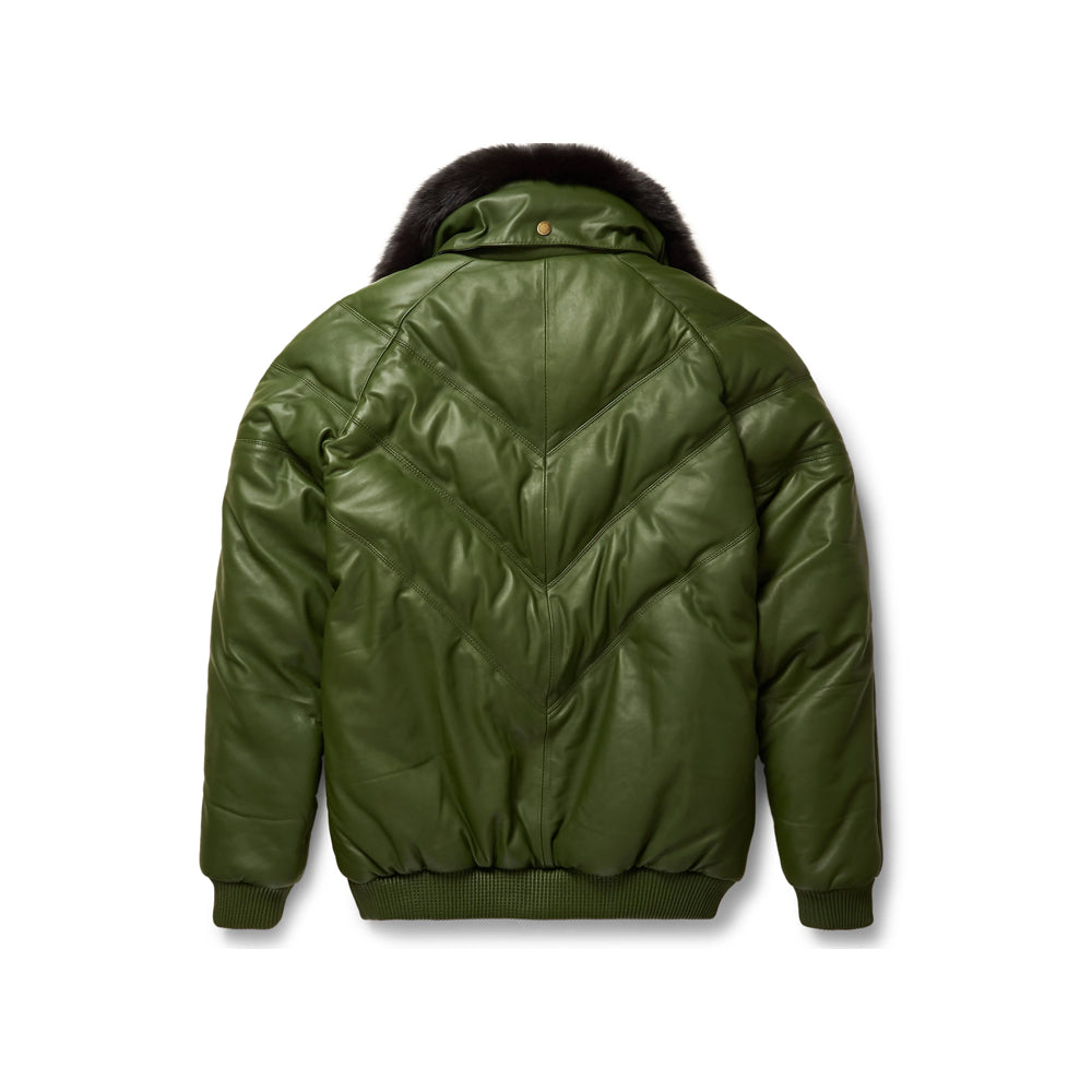 Back of olive leather V-Bomber showing nested V-shaped channels, center seam, padded sleeves and rib-knit waistband.