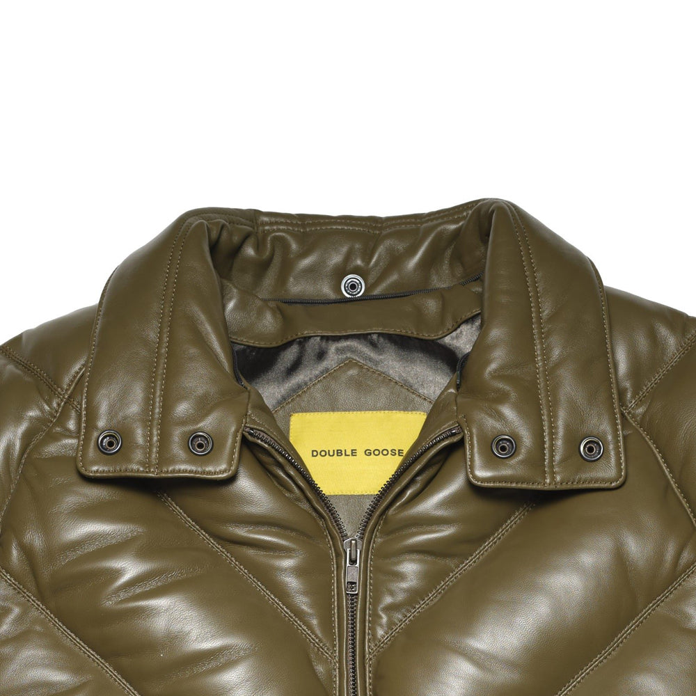 Olive leather snap collar with tonal stitching, brass-tone zipper and Double Goose interior branding