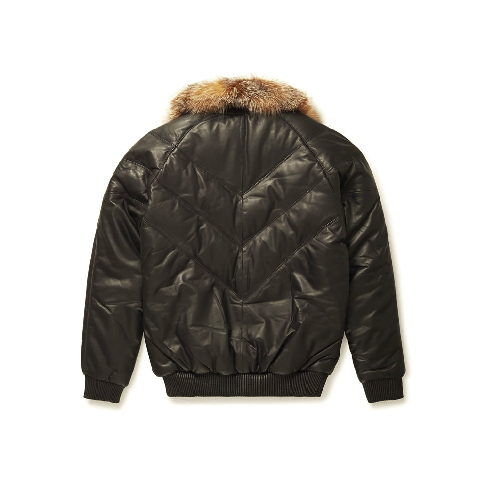 Rear view of Original Goose Country black leather down jacket with tonal V-chevron quilting and crystal fox collar