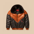 Front view of men’s Original Goose Country brown leather V-Bomber with cognac chevron panels and detachable black fox-fur collar.