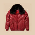 Men’s Original Goose Country burgundy lambskin leather V-Bomber with tonal chevron panels and removable black fox-fur collar.