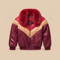 Men’s Original Goose Country burgundy leather V-Bomber front with red fur collar, camel chevron panels, snap pockets and rib-knit trim.
