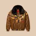 Front view of men’s Original Goose Country camo V-Bomber with cognac lambskin, woodland chevron panels, black fur collar and snap pockets.