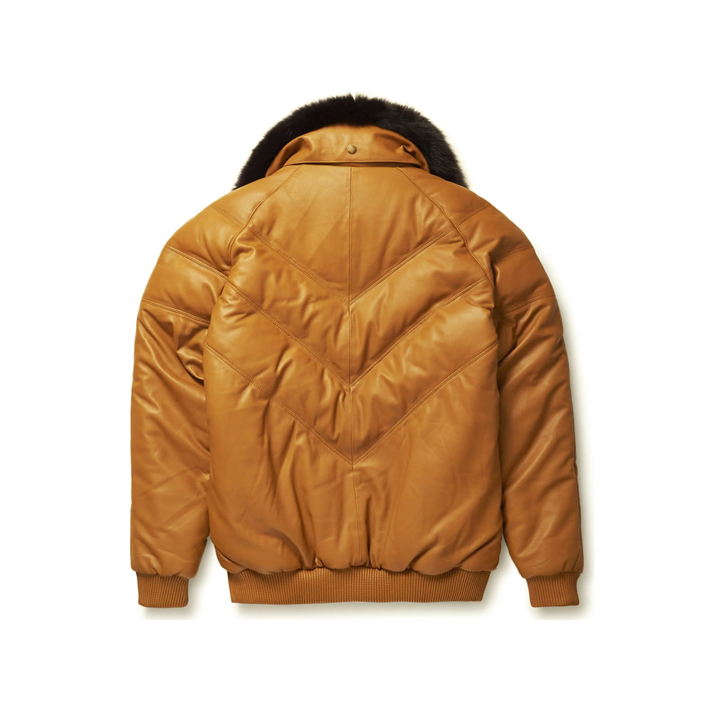 Back view of cognac Goose Country down leather jacket with stacked tonal V-chevron baffles and ribbed waistband
