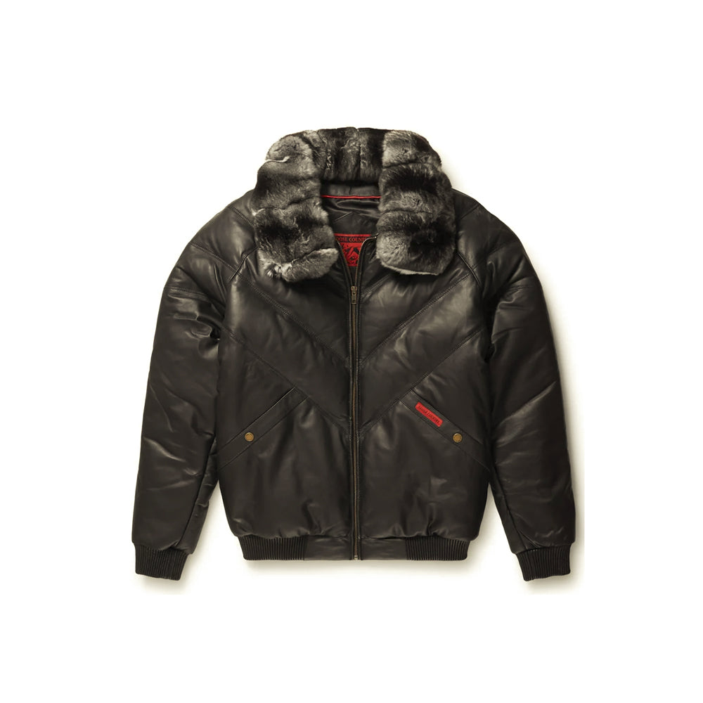 Front view of Original Goose Country men’s black lambskin V-bomber with gray-black fox-fur collar and red pocket label