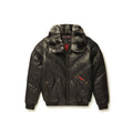 Front view of Original Goose Country men’s black lambskin V-bomber with gray-black fox-fur collar and red pocket label