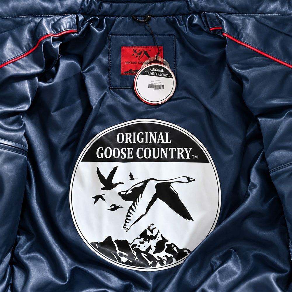 Navy Original Goose Country jacket lining with circular goose emblem, red woven neck label, hangtag and contrast piping.