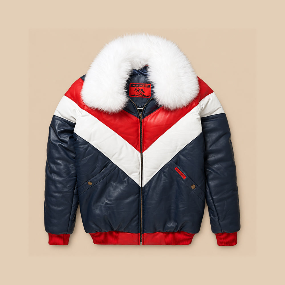 Men’s Original Goose Country navy, red and white lambskin leather V-Bomber with a removable white fox-fur collar.