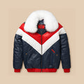 Men’s Original Goose Country navy, red and white lambskin leather V-Bomber with a removable white fox-fur collar.