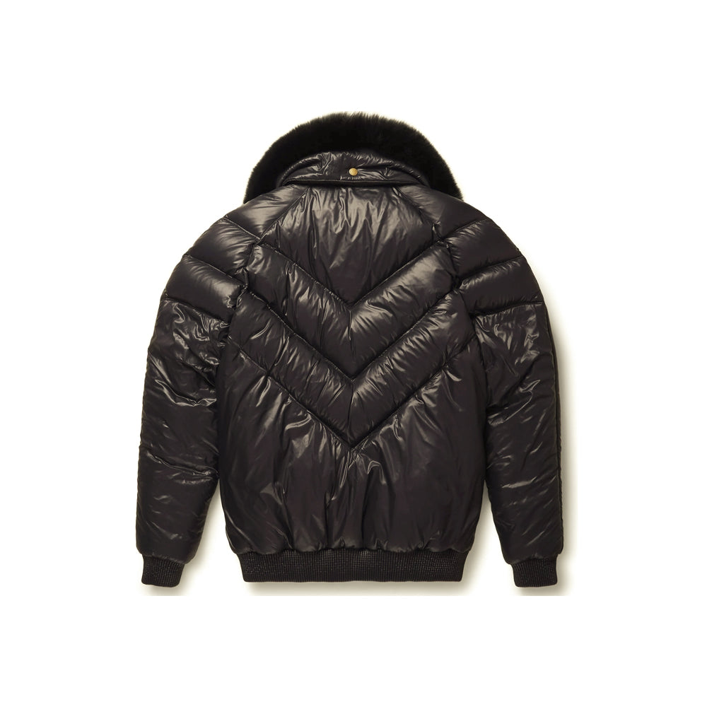 Back view of Original Goose Country plum-black leather V-bomber showing glossy chevron channels and rib-knit waistband