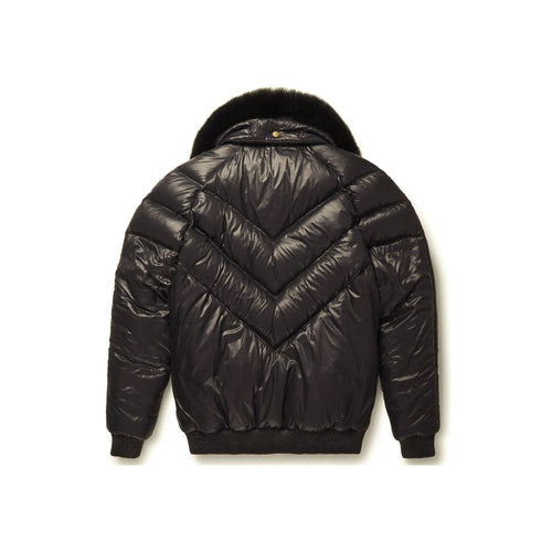 Back view of Original Goose Country plum-black leather V-bomber showing glossy chevron channels and rib-knit waistband