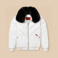 Men’s Original Goose Country white lambskin leather V-Bomber with tonal chevron seams and removable black fox-fur collar.