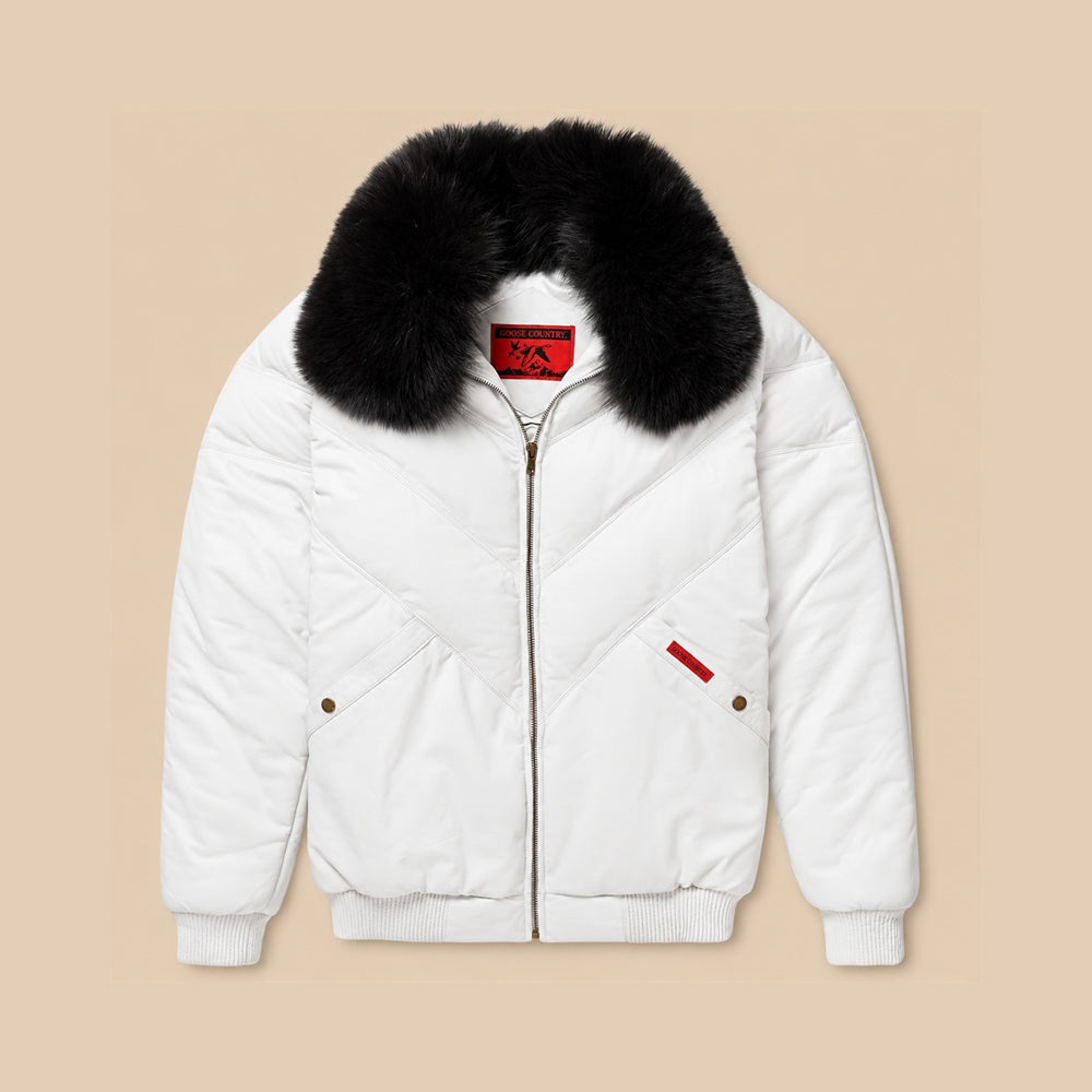 Men’s Original Goose Country white lambskin leather V-Bomber with tonal chevron seams and removable black fox-fur collar.