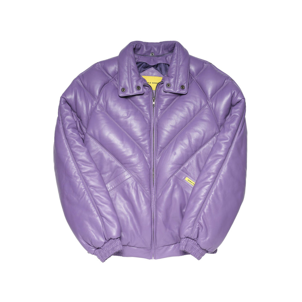 Front product view of purple down leather bomber with removable wool trim detached and lilac collar exposed