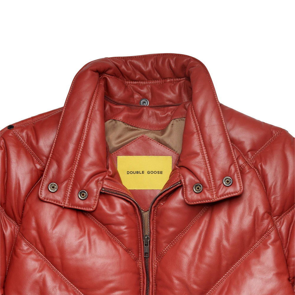 Red calfskin stand collar with snap fasteners, tonal viscose lining and yellow Double Goose neck label