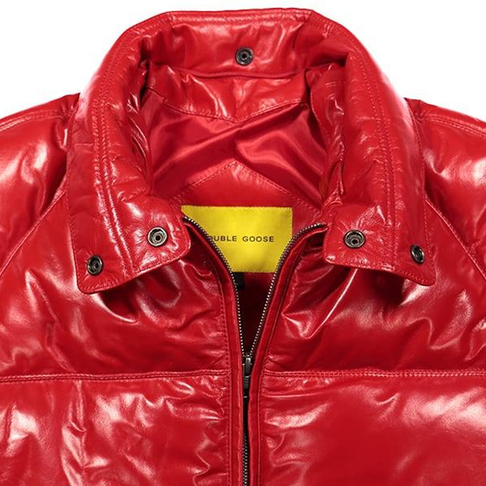 Padded red leather collar with stud fasteners, detachable chin guard, tonal viscose lining and center zipper.