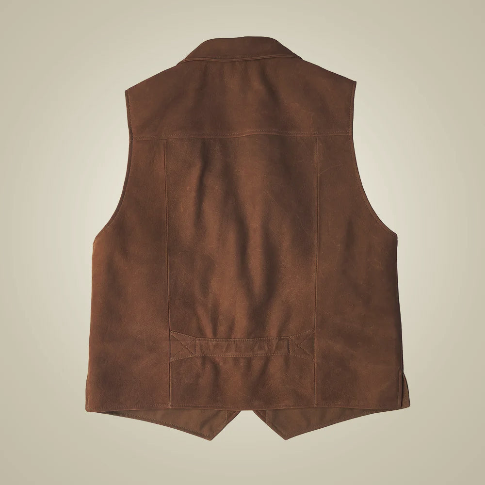 Rear view of brown nubuck field waistcoat with shoulder yoke, vertical seams and reinforced flexible waist