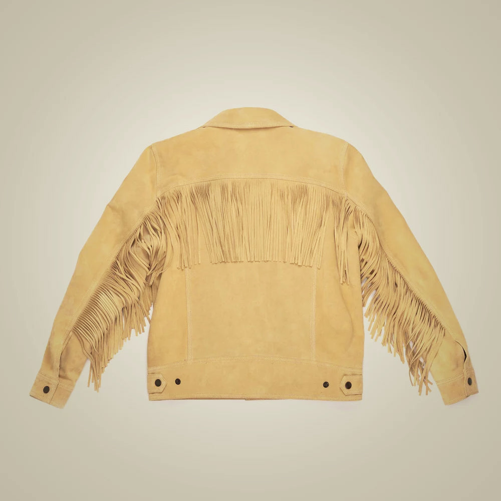 Rear view of men’s sand Western trucker jacket showing sleeve tassels, vertical panels and adjustable waist tabs