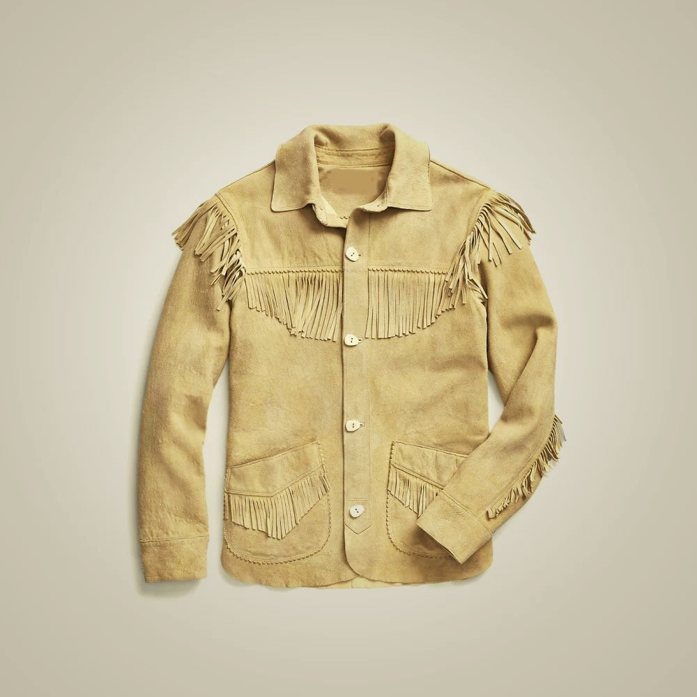 Front view of Sandcrest men’s sand tan goatskin suede fringe jacket with four ivory-tone buttons and patch pockets