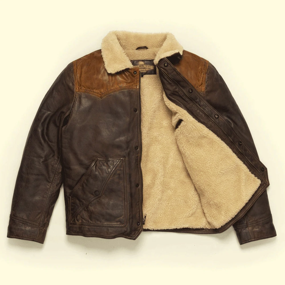 Open front view of the Sherpa-lined Western leather jacket showing its full interior and covered zipper system