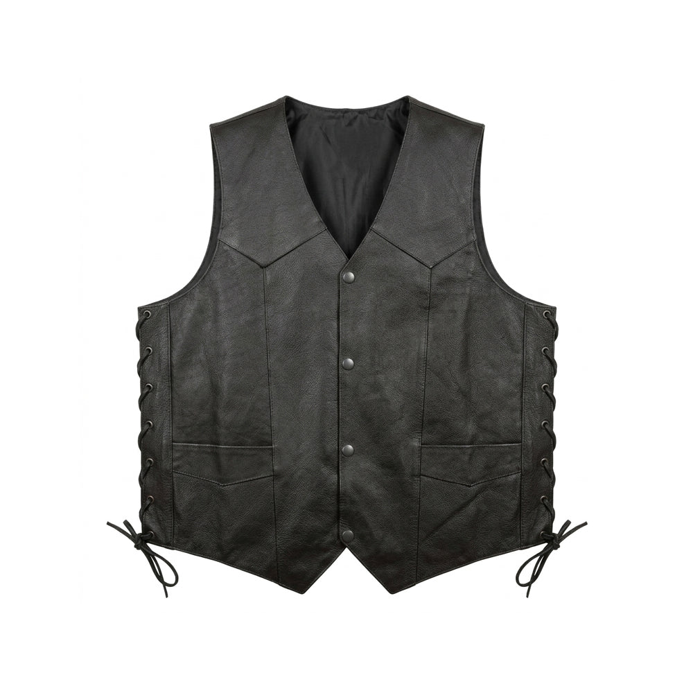 Straight front view of side-laced leather biker waistcoat with angular shoulder panels and pointed lower edges