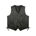 Straight front view of side-laced leather biker waistcoat with angular shoulder panels and pointed lower edges