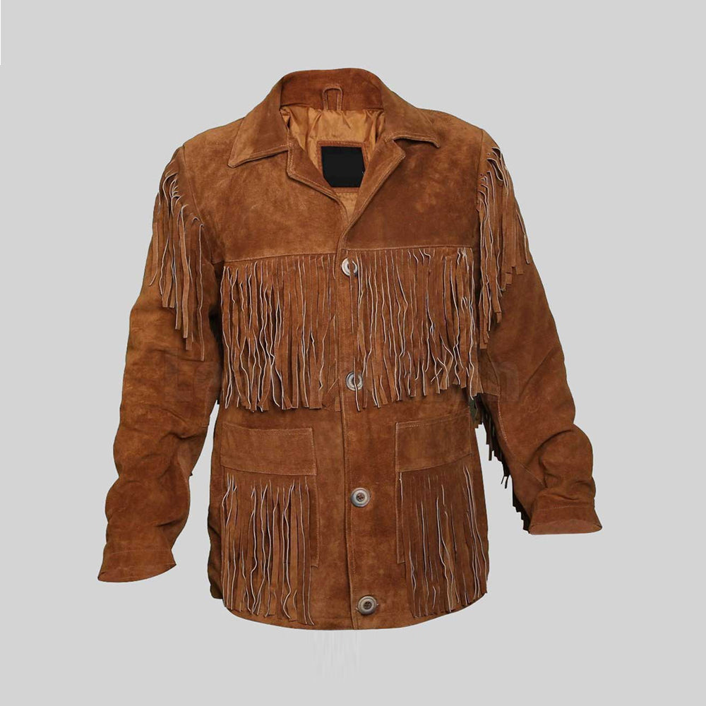 Front view of Sundown men’s brown goatskin suede fringe jacket with snap fastening and open patch pockets
