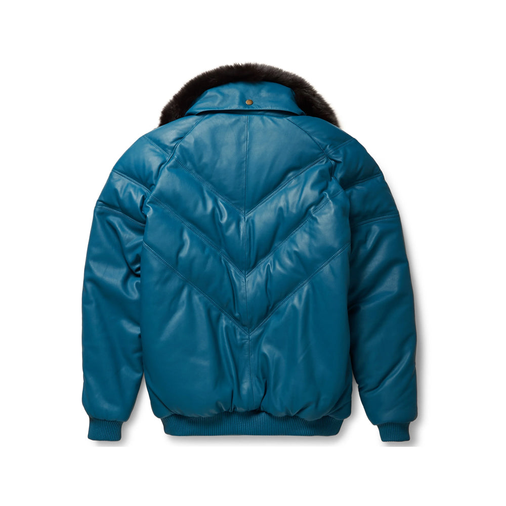 Back view of a teal leather puffer bomber with three descending V-shaped channels, padded sleeves and rib-knit waistband.