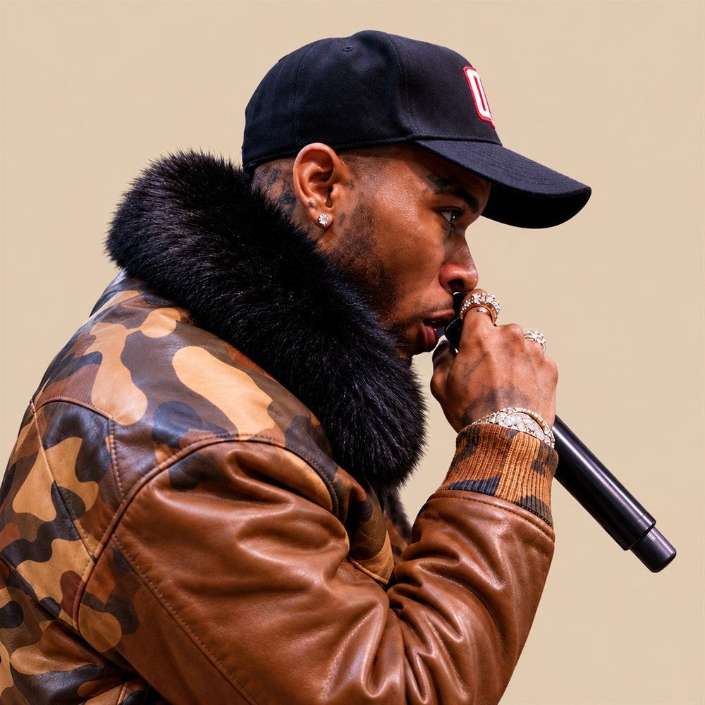Tory Lanez performing in an Original Goose Country cognac leather V-Bomber with woodland camouflage panels and an oversized black fur collar.