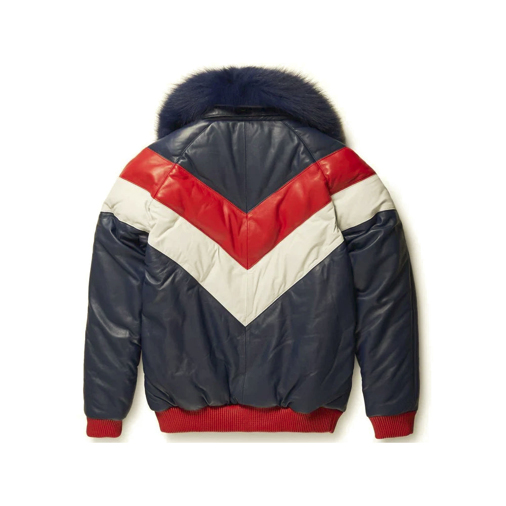 Back view of navy red and ivory leather V-bomber showing symmetrical stacked chevrons and red rib-knit waistband