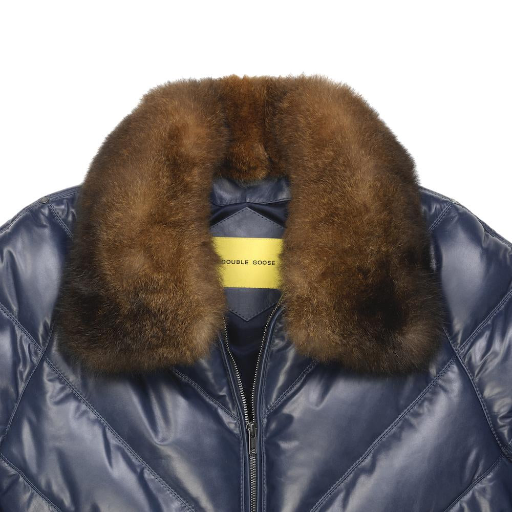 Close-up of the detachable two-tone brown opossum-fur collar on the navy lambskin Double Goose jacket