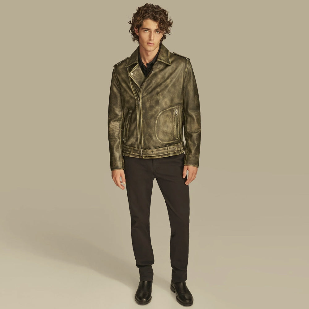 Full-length view of men’s vintage brown asymmetrical moto jacket styled with black trousers