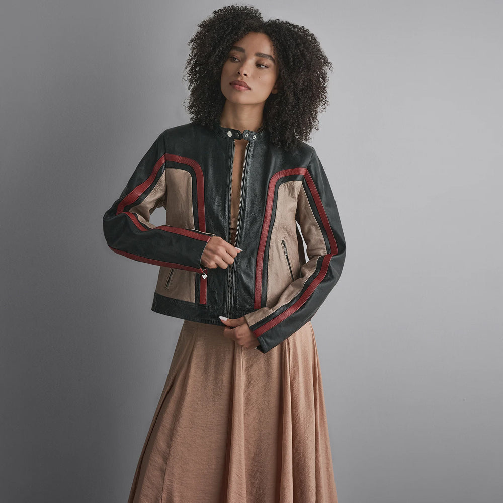 Front view of vintage color-block leather racer jacket with black center, taupe side panels and red track stripes