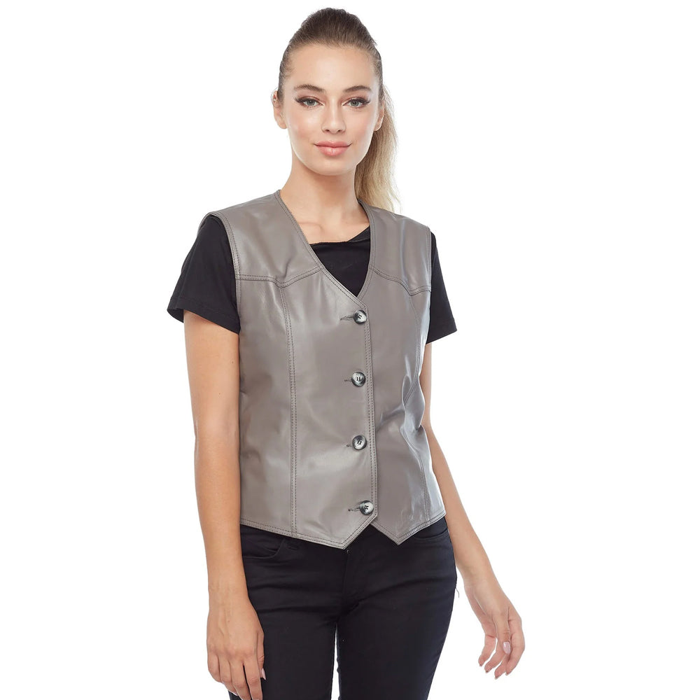 Half-turn angle showing classic V-neck silhouette on a women's grey leather vest top.