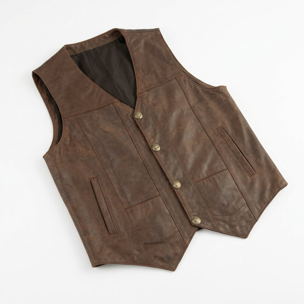 Angled view of Western biker leather waistcoat highlighting milled grain, coin snaps and integrated vertical pocket openings