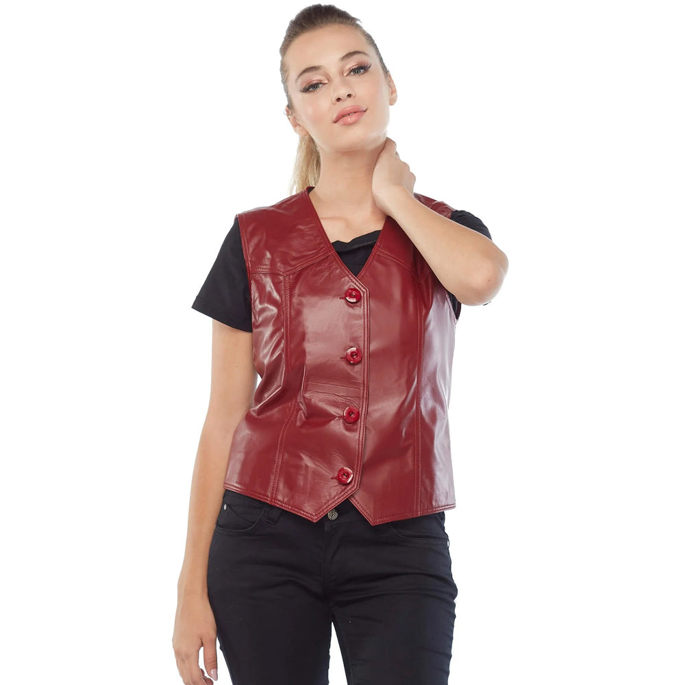 Model posing with hand near neck displaying western-style yoke stitching on a fitted red leather vest.