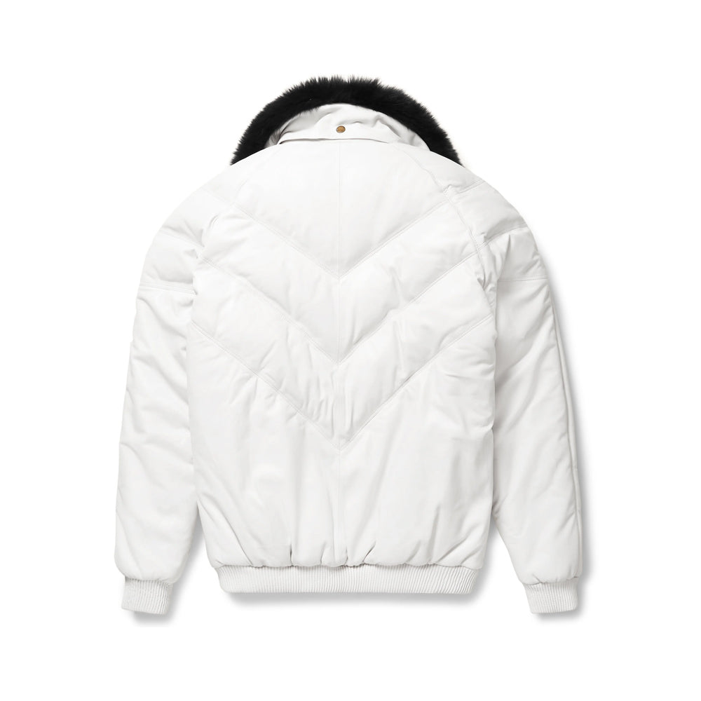 Rear view of a white leather V-Bomber jacket featuring nested tonal chevron panels, padded sleeves and a rib-knit waistband.
