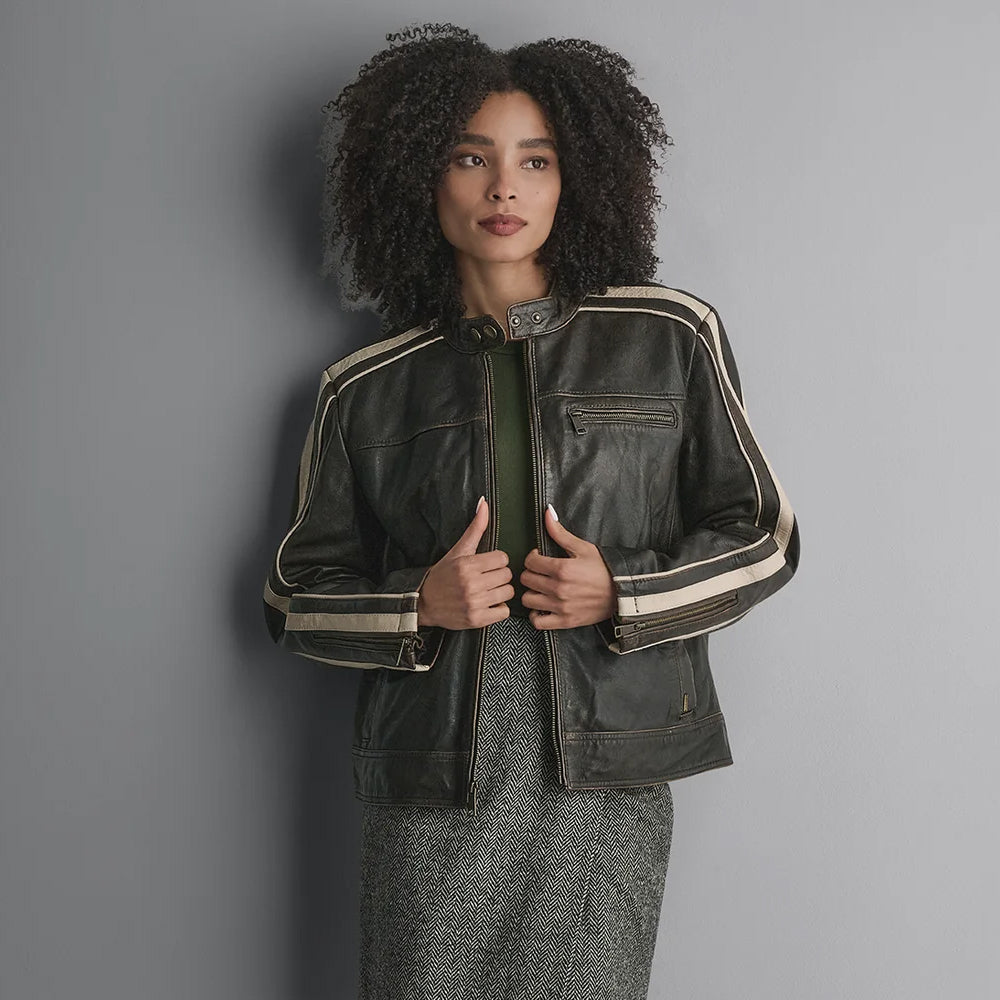 Women’s black and cream leather racer jacket front view with snap-tab collar, shoulder stripes and horizontal chest zip pocket