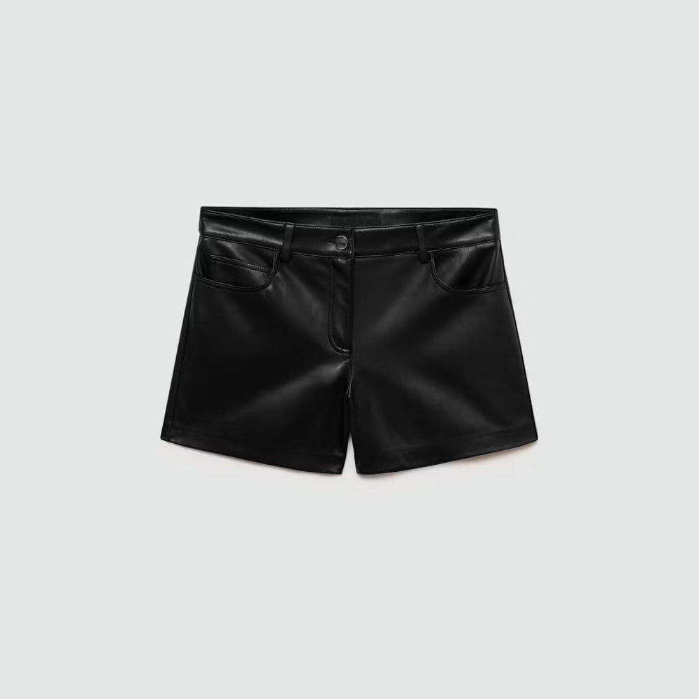 Studio flat lay product shot of women's black genuine lambskin leather mini shorts.