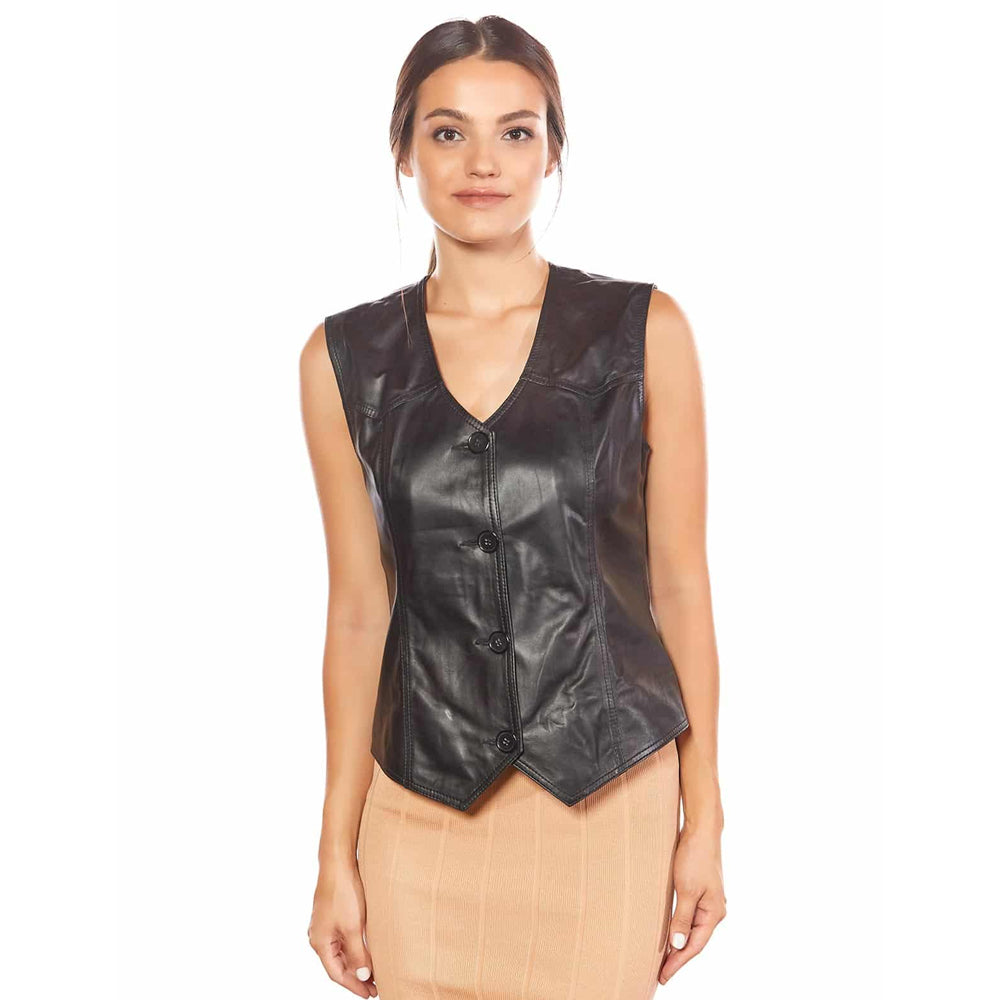 Model wearing a sleeveless black lambskin leather vest with V-neckline and button front closure.