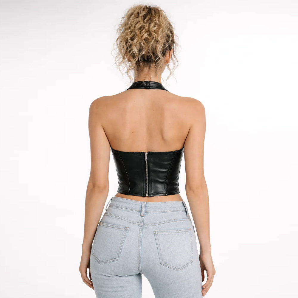 Full back view of black real leather halter bustier top