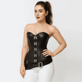 Front view of a model wearing a black real sheepskin leather steel boned overbust corset with utility belt