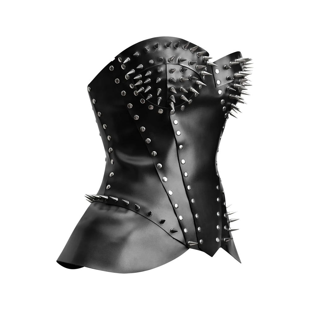 Side profile of women's gothic spiked black leather corset showing hip flare and stud details
