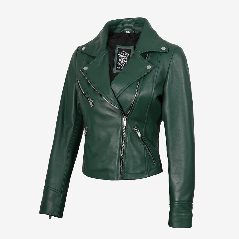 Women's green lambskin leather biker jacket front view with asymmetric zipper