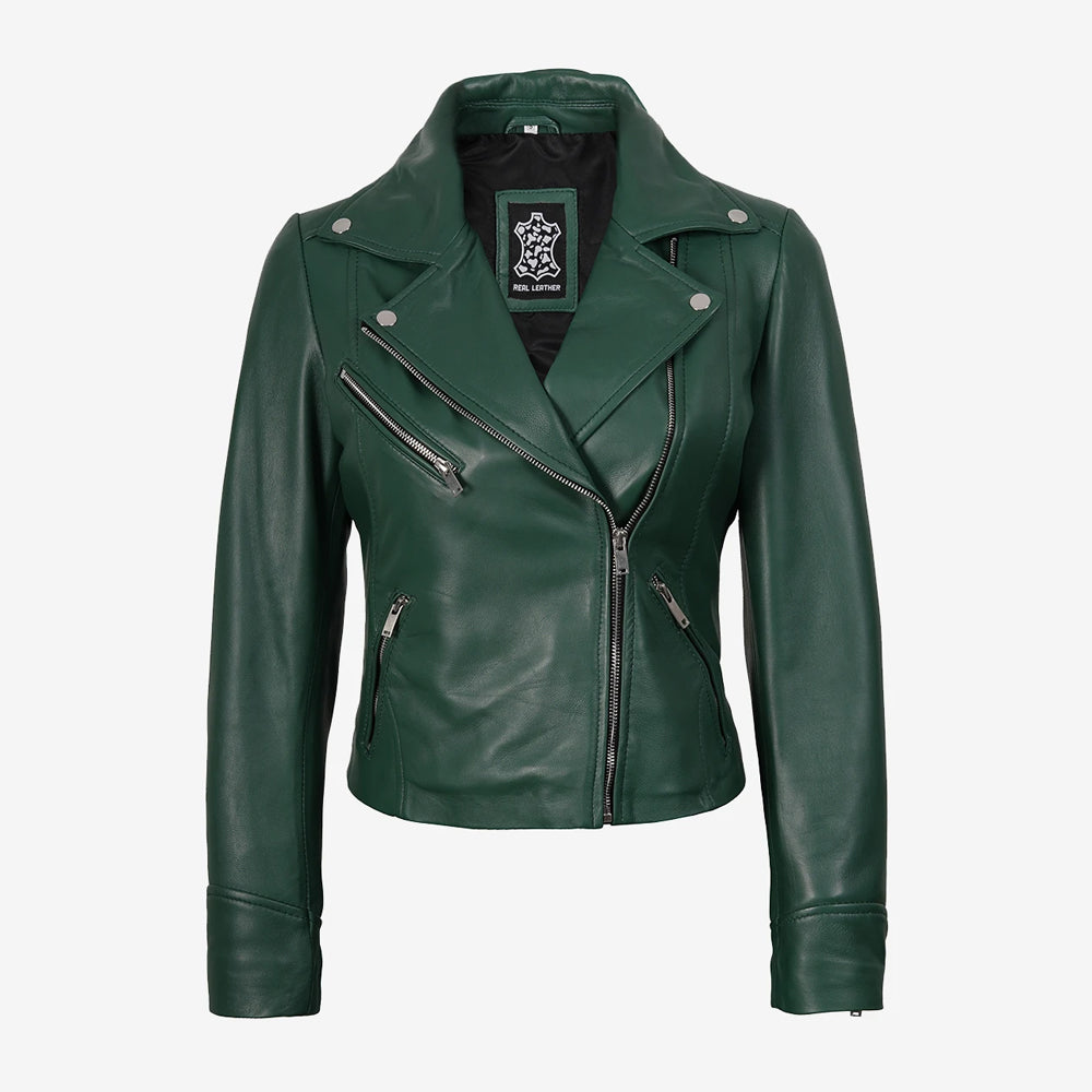Front view of women's forest green leather biker jacket with snap-tab lapel